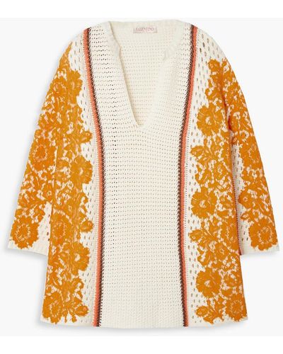 Valentino Garavani Lace-paneled Striped Crocheted Cotton Tunic - Orange