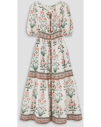 HANNAH Camilla Pleated Floral-print Linen Maxi Dress - White