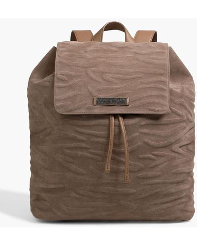 Brunello Cucinelli Leather-trimmed Embossed Suede Backpack - Brown