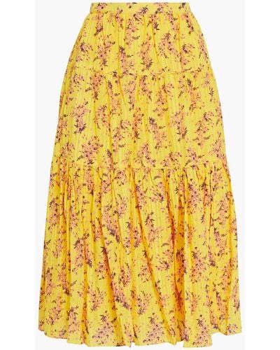 Ulla Johnson Auveline Tiered Floral-print Cotton-blend Jacquard Midi Skirt - Yellow