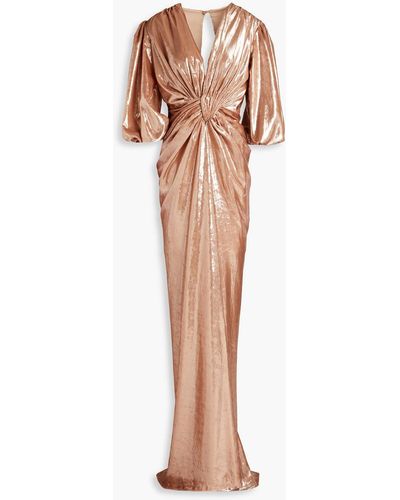 Costarellos Twisted Cutout Gathered Fil Coupé Gown - Metallic