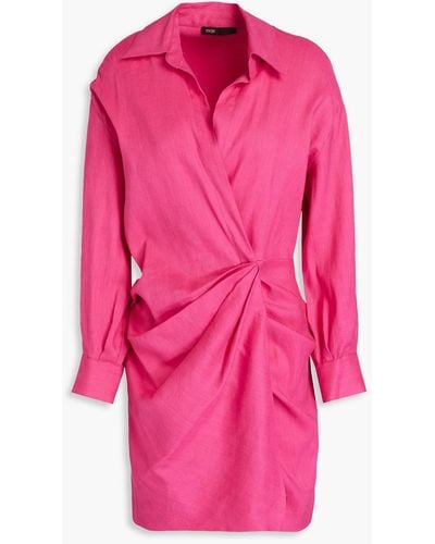 Maje Pleated Linen-blend Mini Wrap Dress - Pink