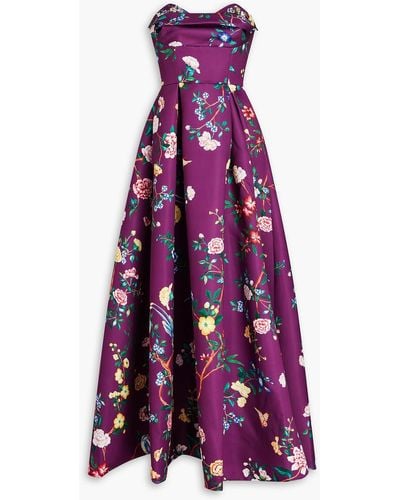 Marchesa Strapless Embellished Floral Print Satin Gown - Purple