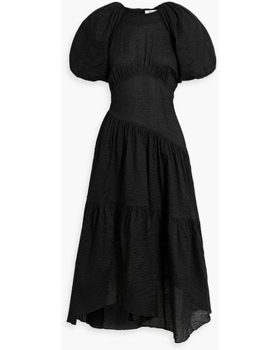 FRAME Asymmetric Gathered Cotton-seersucker Midi Dress - Black