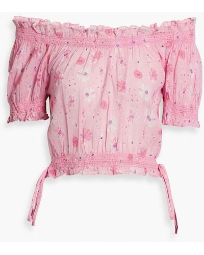 LoveShackFancy Rosalinda Off-the-shoulder Cropped Floral-print Cotton-gauze Top - Pink