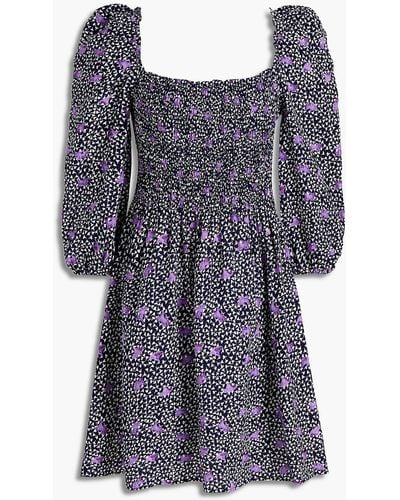 Maje Shirred Floral-print Crepe Mini Dress - Purple