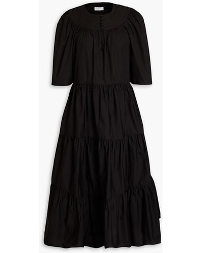 Rosetta Getty Tiered Gathered Cotton-poplin Midi Dress - Black