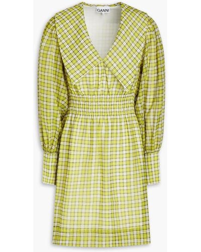 Ganni Shirred Checked Woven Mini Dress - Yellow