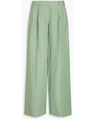Theory Pleated Linen Wide-leg Trousers - Green