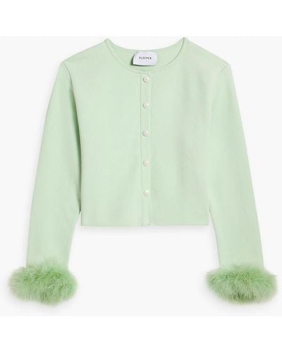 Sleeper Cropped Feather-trimmed Stretch-knit Cardigan - Green