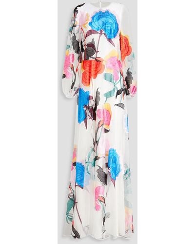 Monique Lhuillier Embroidered Floral-print Tulle Maxi Dress - White