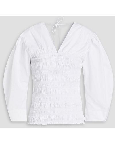Ganni Shirred Cotton-poplin Blouse - White