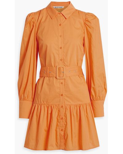 Walter Baker Tara Belted Gathered Cotton-poplin Mini Shirt Dress - Orange