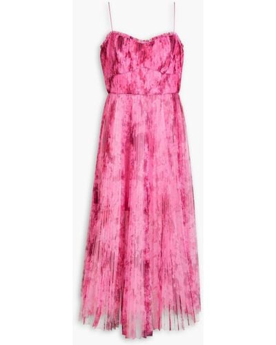 ML Monique Lhuillier Pleated Printed Tulle Midi Dress - Pink