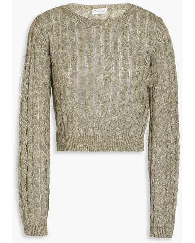 Brunello Cucinelli Cropped Embellished Cable-knit Linen-blend Sweater - White