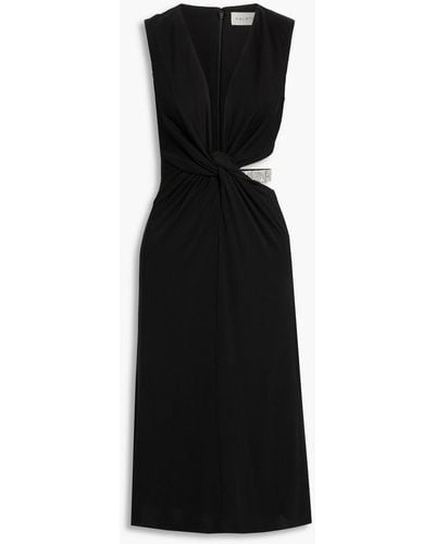 Halston Selena Twist-front Crystal-embellished Jersey Midi Dress - Black