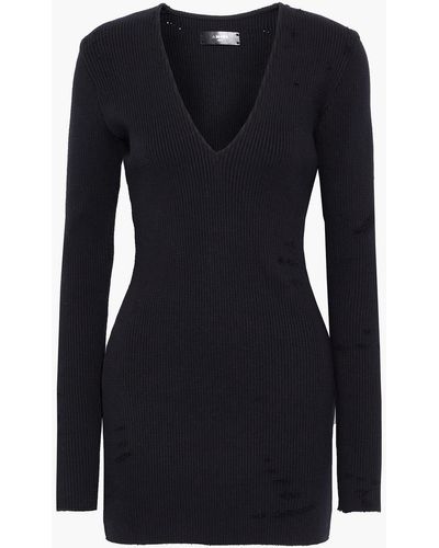 Amiri Distressed Ribbed Cotton And Cashmere-blend Mini Dress - Black