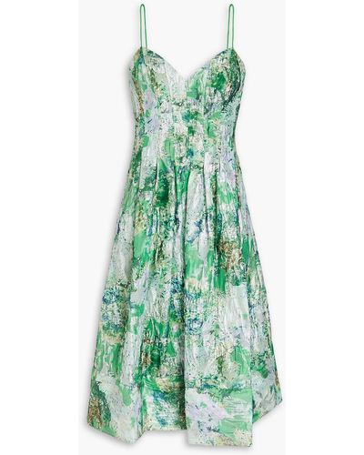 ML Monique Lhuillier Lakes Floral-print Cloqué Midi Dress - Green