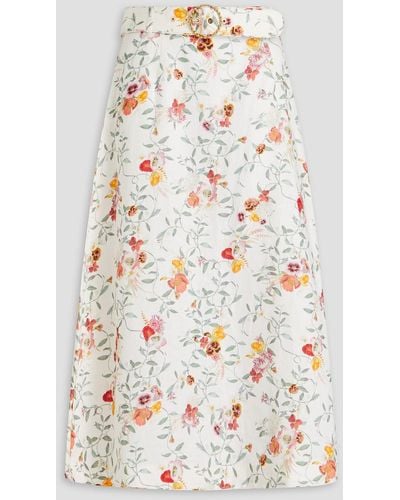 Zimmermann Belted Floral-print Linen Midi Skirt - White