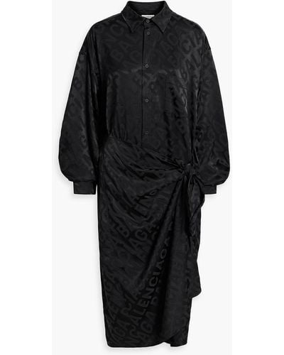 Balenciaga Wrap-effect Satin-jacquard Midi Shirt Dress - Black