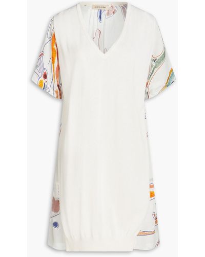 Gentry Portofino Knit-paneled Printed Silk And Cotton-blend Crepe Top - White