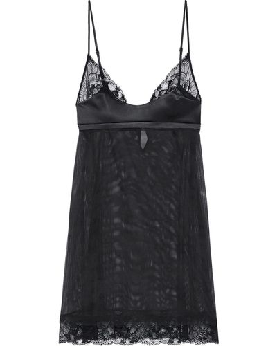 La Perla Adele Satin And Lace-trimmed Stretch-tulle Chemise - Black