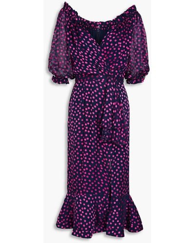 Saloni Olivia Wrap-effect Polka-dot Silk-blend Chiffon Midi Dress - Purple