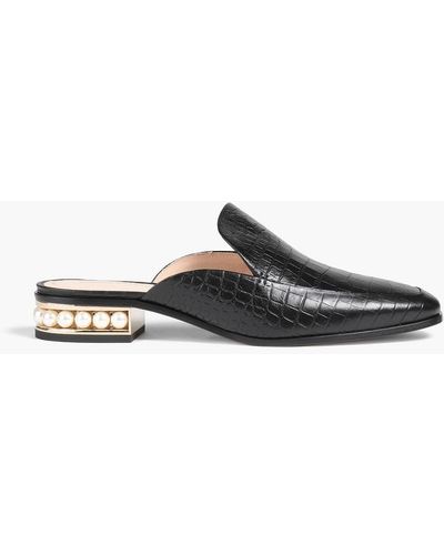 Nicholas Kirkwood 25mm Casati Moccasin Faux Pearl-embellished Croc-effect Leather Slippers - Black