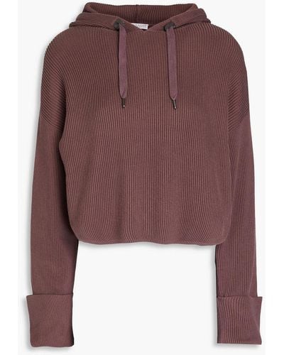 Brunello Cucinelli Cropped Bead-embellished Ribbed Cotton Hoodie - Red