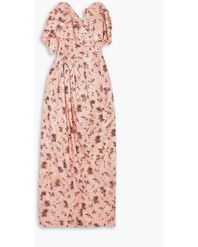 Preen By Thornton Bregazzi Novella Strapless Ruffled Floral-print Satin-jacquard Dress - Pink