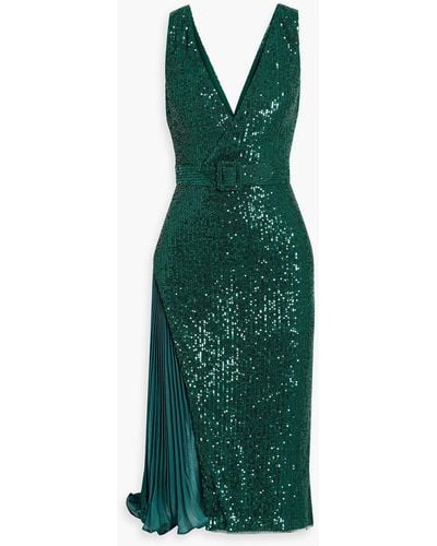 Badgley Mischka Satin-paneled Sequined Tulle Dress - Green