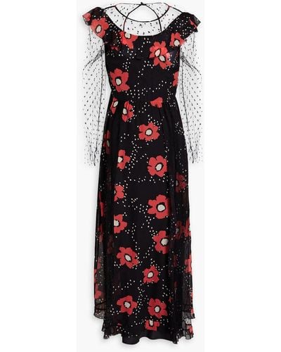 RED Valentino Floral-print Silk-chiffon And Point D'esprit Midi Dress - Black
