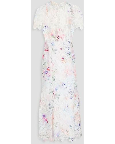 ML Monique Lhuillier Fluted Floral-print Guipure Lace Midi Dress - White
