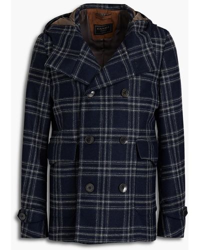 Canali Double-breasted Checked Wool-felt Hooded Jacket - Black