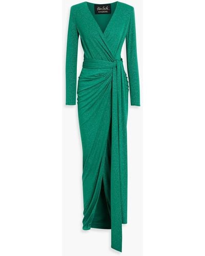 Rhea Costa Wrap-effect Glittered Jersey Gown - Green