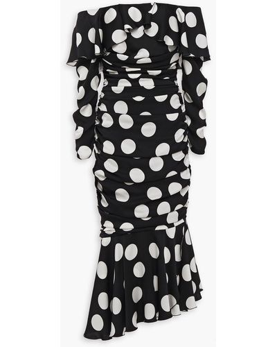 Dolce & Gabbana Off-the-shoulder Ruffled Polka-dot Silk-blend Satin Midi Dress - Black