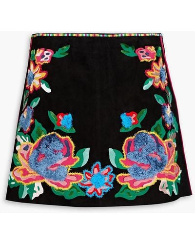 Valentino Garavani Floral-appliquéd Suede Mini Skirt - Black