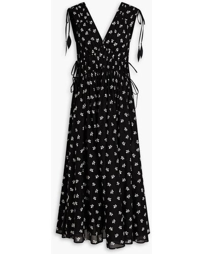 Tory Burch Gathered Embroidered Cotton-voile Midi Dress - Black