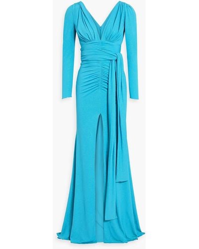 Rhea Costa Ruched Glittered Jersey Gown - Blue
