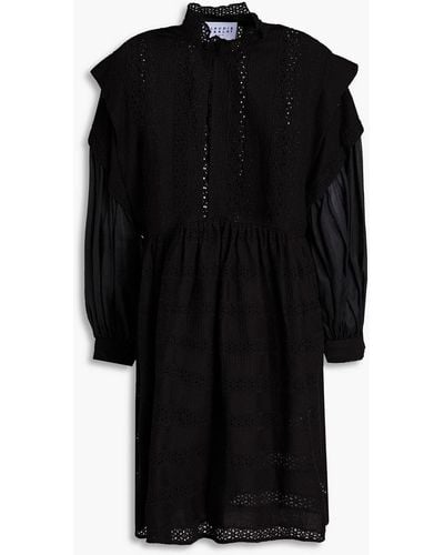 Claudie Pierlot Russe Voile-paneled Gathered Broderie Anglaise Cotton Mini Dress - Black
