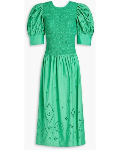 Ganni Shirred Broderie Anglaise Cotton Midi Dress - Green