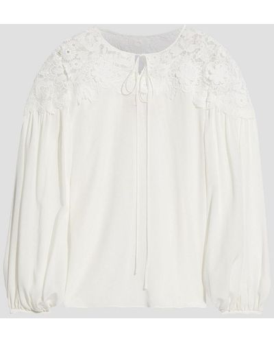 Carolina Herrera Guipure Lace-paneled Silk Crepe De Chine Blouse - White