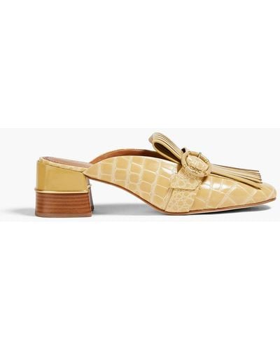Tory Burch Kiltie Buckled Smooth And Croc-effect Leather Mules - Metallic