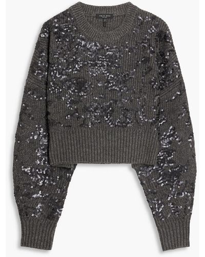 Rag & Bone Liza Cropped Sequin-embellished Ribbed Wool-blend Sweater - Grey