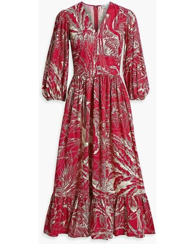 RED Valentino Gathered Printed Cotton-poplin Midi Dress