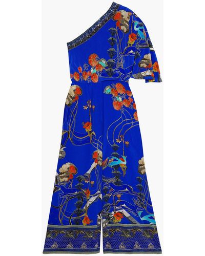 Camilla One-shoulder Crystal-embellished Printed Silk Crepe De Chine Jumpsuit - Blue