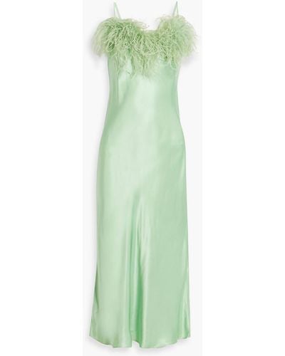 Sleeper Boheme Feather-trimmed Satin Midi Slip Dress - Green