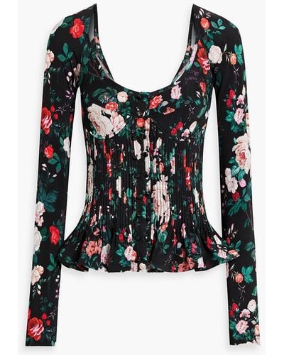 Rabanne Pintucked Floral-print Stretch-jersey Top - Black