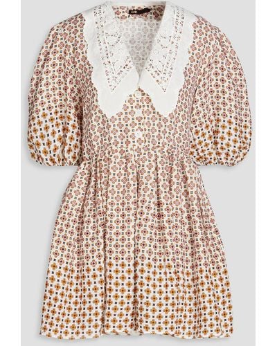 Maje Romelange Guipure Lace-trimmed Printed Linen Mini Dress - Natural