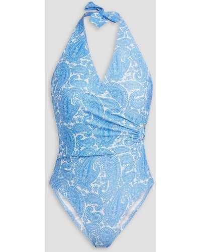 Heidi Klein Cap Mala Paisley-print Stretch-piqué Halterneck Swimsuit - Blue